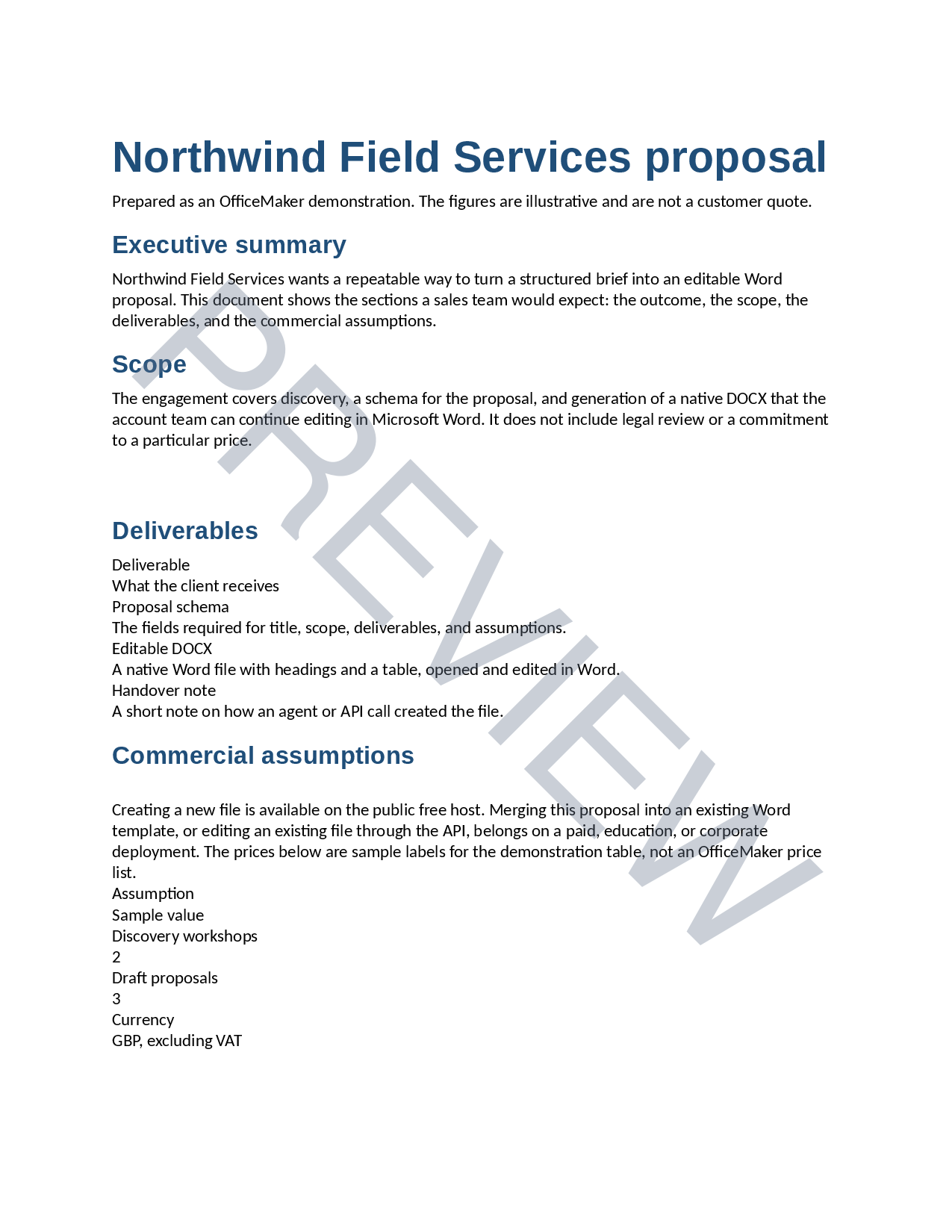 Preview of the first page of the generated Northwind Field Services Word proposal